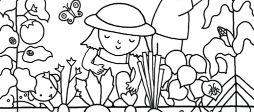 Colouring page for kids - image of chicens in a barnyard